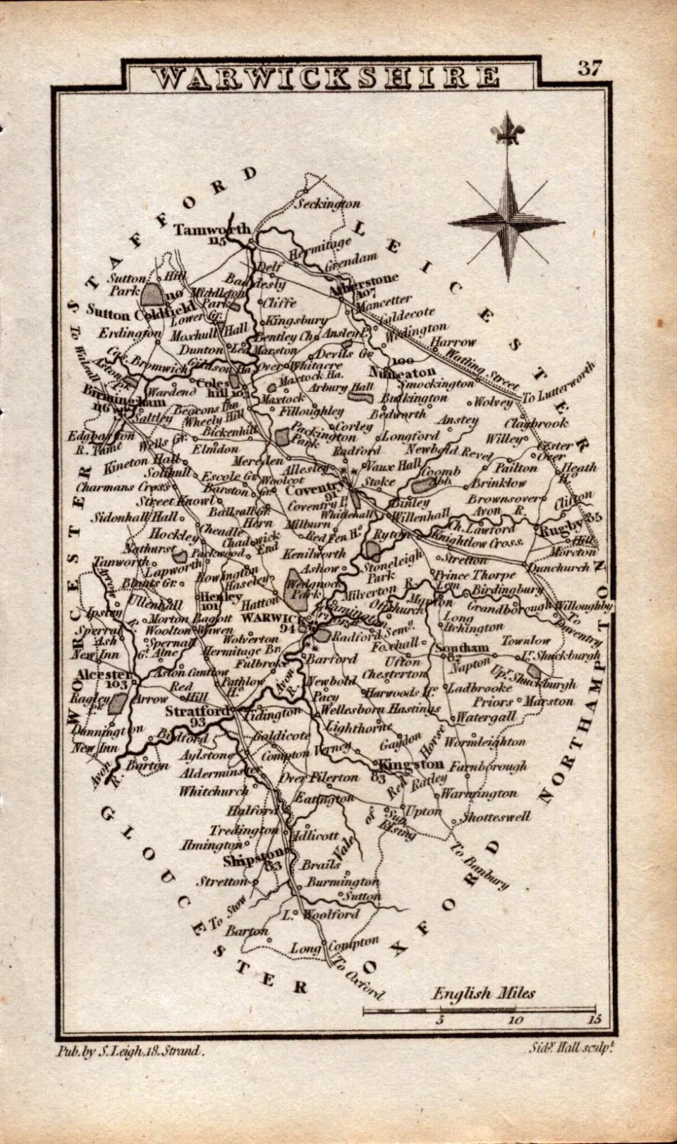 Warwickshire Antique Copper Engraved George IV Map by Sidney Hall.