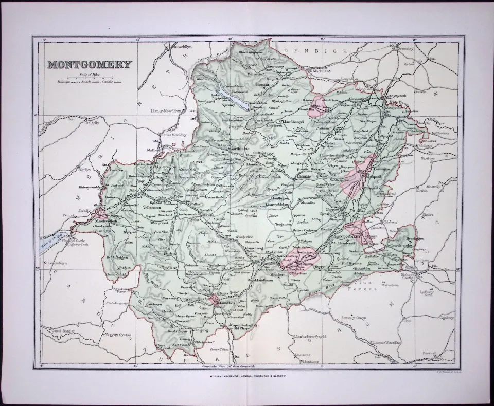 Wales Montgomery Detailed 1894 Coloured Antique  130 Years-Old Map.