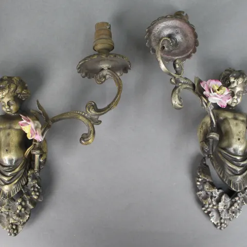 Pair of Antique French Style Cherub Wall Sconces with Porcelain Flowers