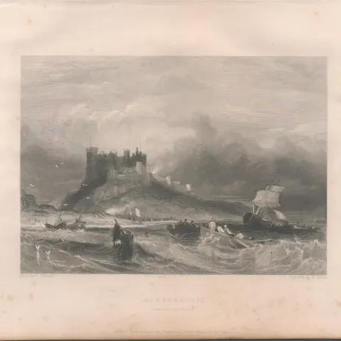 Bamborough Castle Antique 1842 Steel Engraving 2