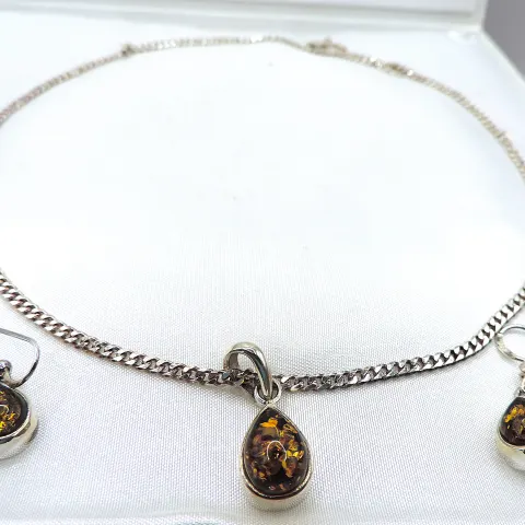  Sterling Silver Baltic Amber Necklace and Earrings Set New With Box