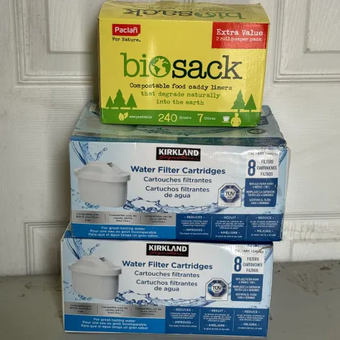 2 X Kirkland Signature Water Filter Cartridges 8 Pack  & Food Cady Liners  NEW SEALED BOXES