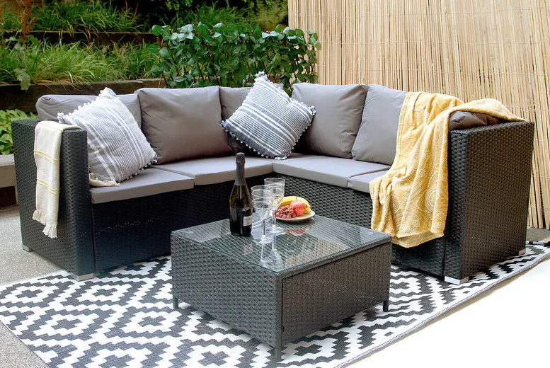 5 x 5-Seater Temple Rattan Corner Sofa Set - Black  
