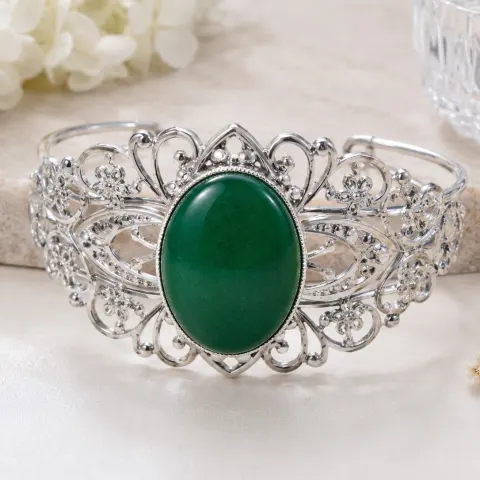 Green Cabochon Silver Tone Filigree Cuff Bracelet