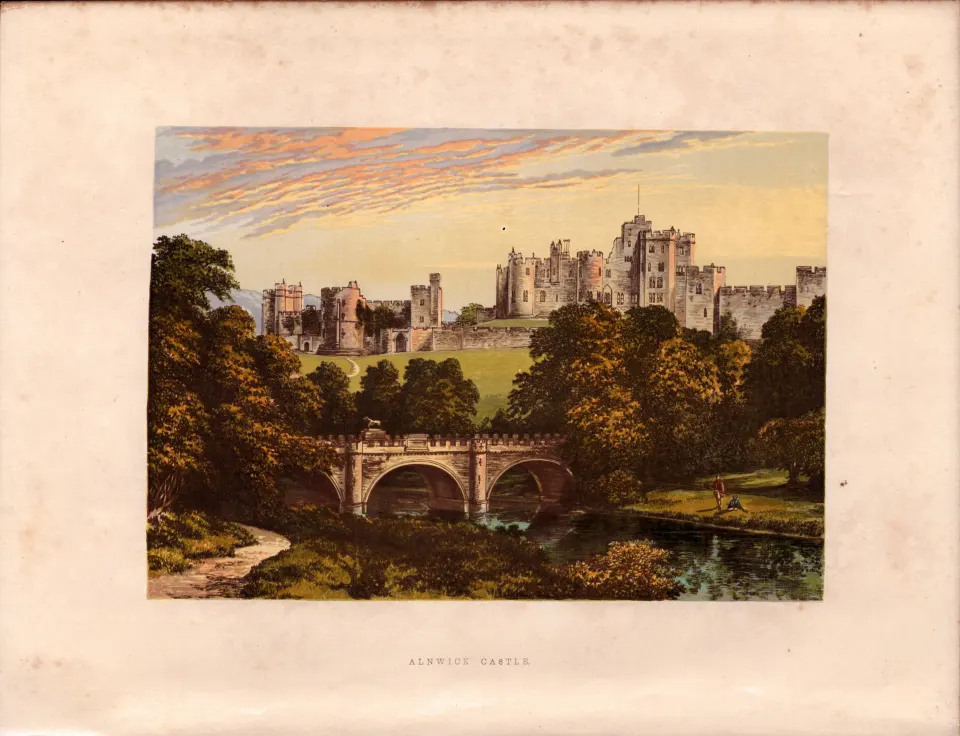 Alnwick Castle Northumberland Gilt-Edge Coloured Antique Book Plate.