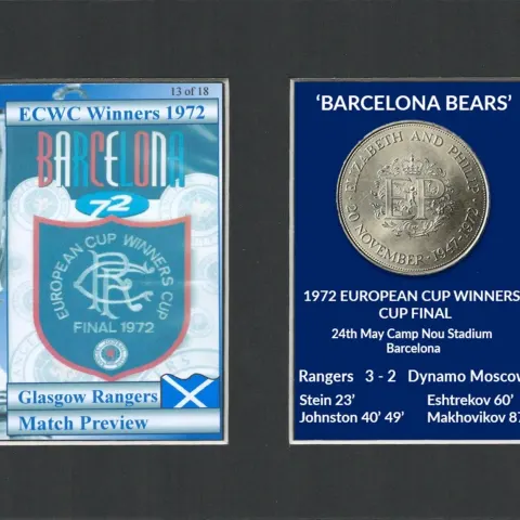 Rangers Barcelona Bears 1972 ECWC Mounted Card & Coin Gift Set.
