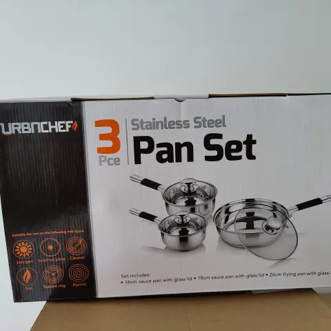 6 x BOXED SETS OF URBNCHEF 3 PIECE STAINLESS STEEL PAN SETS