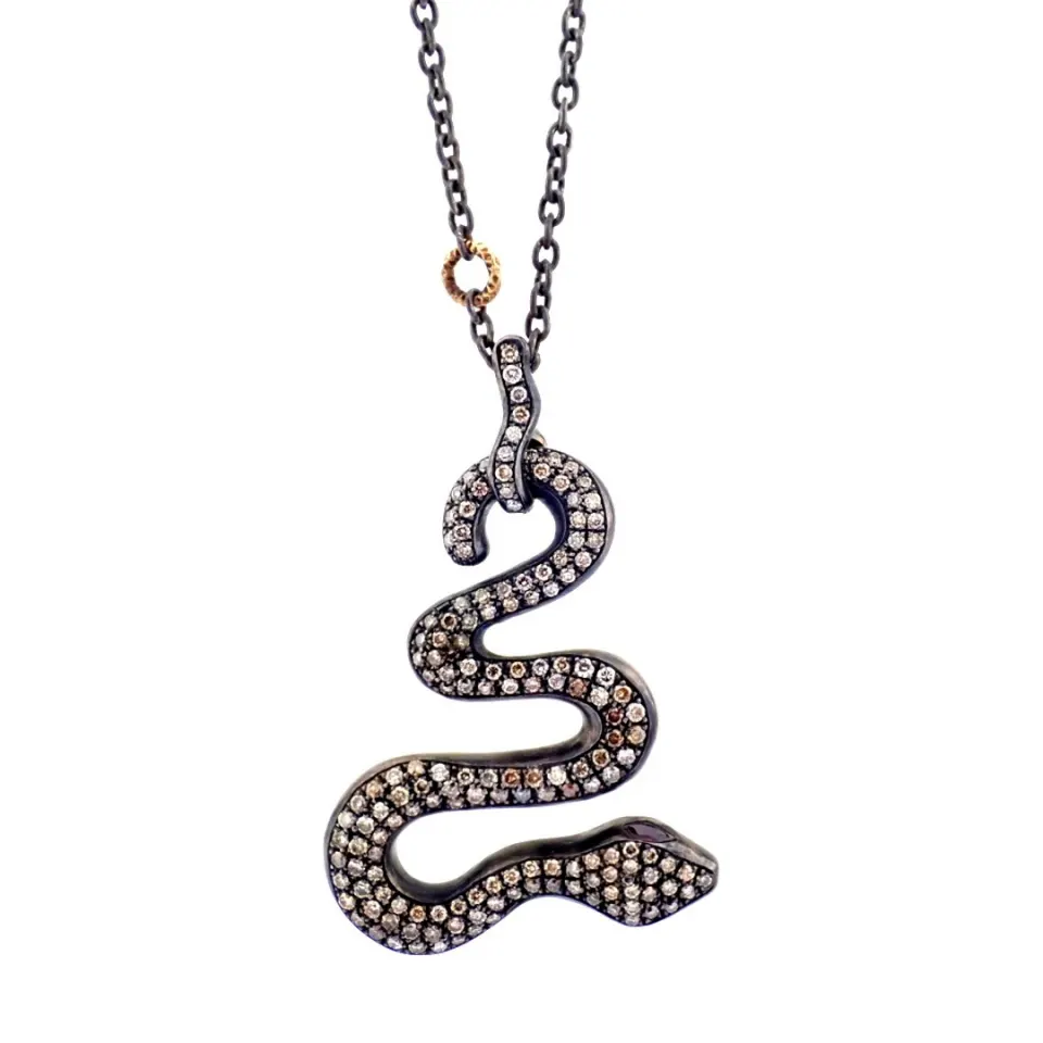 Snake Necklace Detailed With Brilliant Diamonds and 14K Gold On Silver.