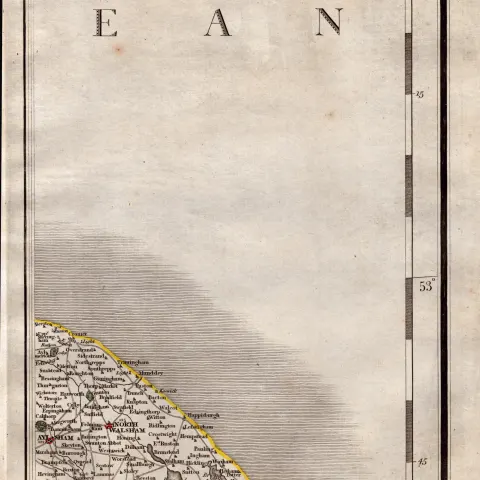 Norfolk Coast North Walsham John Cary's Antique George III 1749 Map.