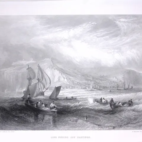 J.M.W Turner Hastings Line Fishing Vessel Antique Steel Engraving-4-TR