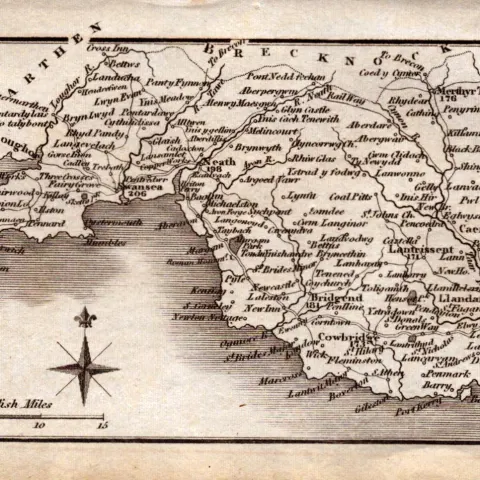 Wales Glamorganshire Antique Copper Engraved Map by Sidney Hall.