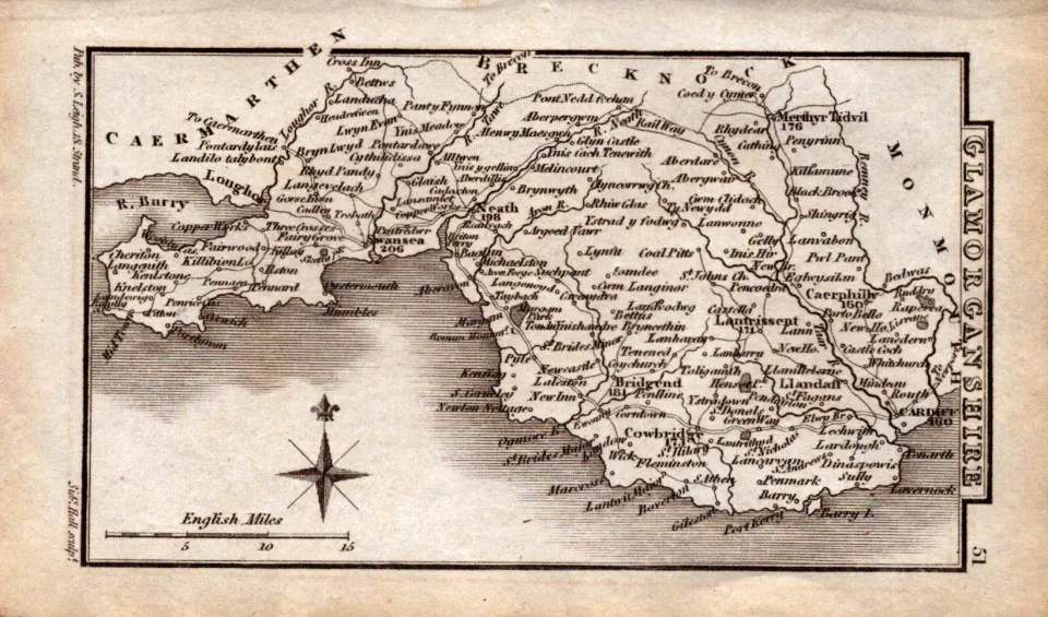 Wales Glamorganshire Antique Copper Engraved Map by Sidney Hall.