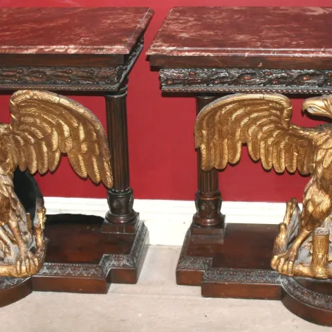 Pair of Marble Topped Mahogany & Giltwood Eagle Console Tables c.1890