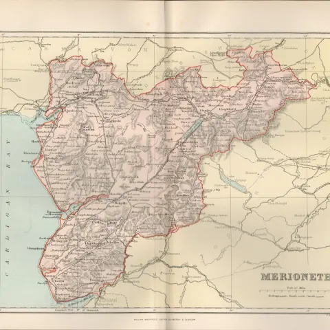 County Of Merioneth Wales Victorian 1894 Coloured  Map.