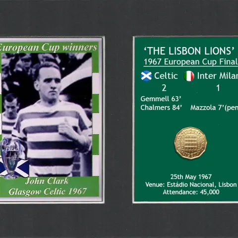 John Clark Celtic FC European Cup Mount & Original Half-Crown Coin Metal Art