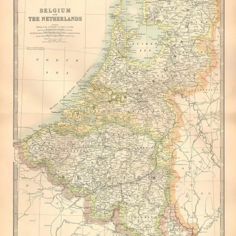 Belgium & The Netherlands Amsterdam Antwerp Flanders Large Coloured  Antique Map.