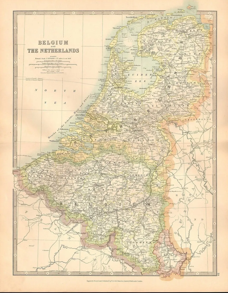 Belgium & The Netherlands Amsterdam Antwerp Flanders Large Coloured  Antique Map.