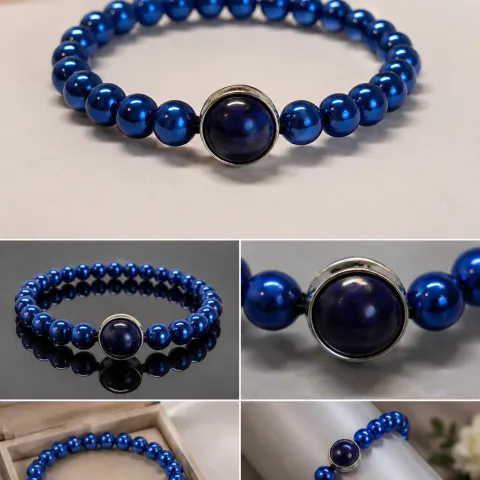 Blue Faux Pearl Beaded Bracelet with Decorative Centrepiece