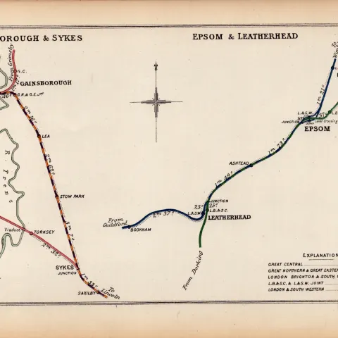 Ewell, Epsom, Leatherhead Antique Railway Junction Diagram-101.
