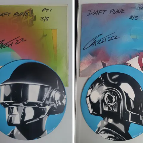 A Pair of Rare Daft Punk Original Painted Artworks Done on Old Vinyl Records & Covers. Signed “CATCH