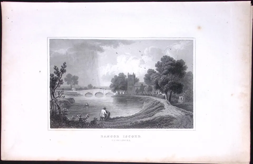 Wales-Bangor Iscoed Flintshire Antique 166-Year-Old  Steel Engraving-16