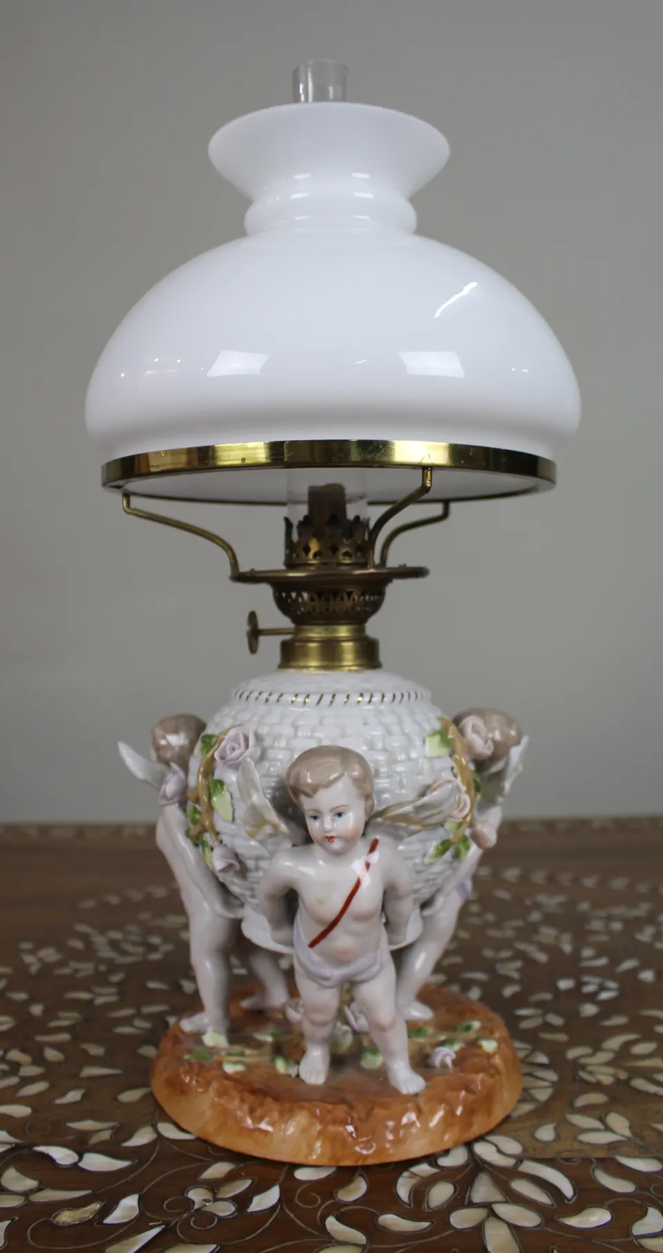 Dresden Porcelain Oil Lamp with Cherubs, c.1890