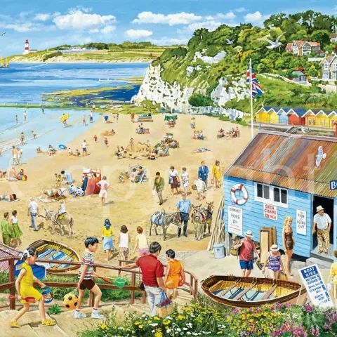 The Beach 1960's Holiday Scene Donkey Rides Boating Deckchairs Metal Wall Art