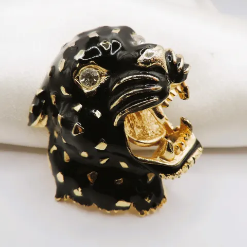 Large Vintage Gold Plated Black Enamel Panther Head Brooch with Gift Pouch