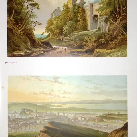 Scotland Edinburgh Arthurs Seat & Roslin Castle Antique Print-3a