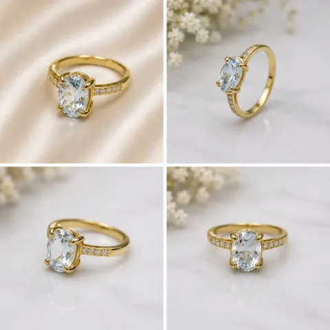 Natural Blue Topaz Oval Cut Gold Tone Ring