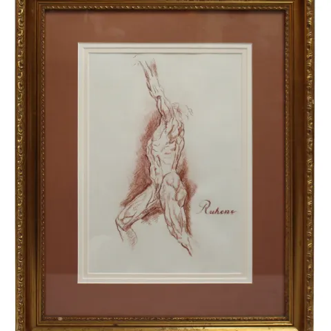 Fine Red Chalk Male Nude Set in Gilt Frame