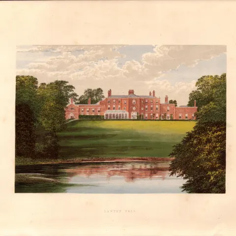 Lawton Hall Cheshire Gilt-Edge Coloured Antique Book Plate.