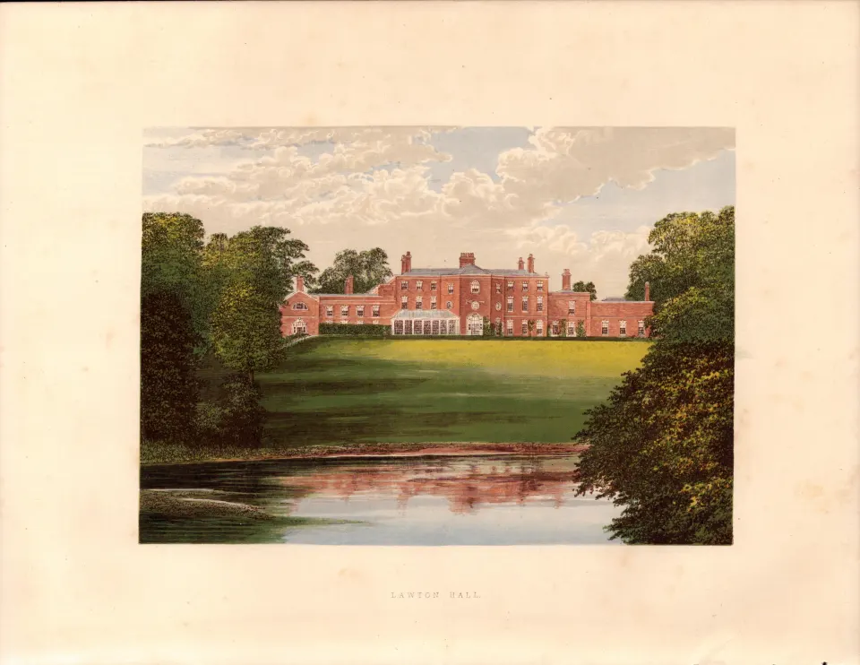 Lawton Hall Cheshire Gilt-Edge Coloured Antique Book Plate.