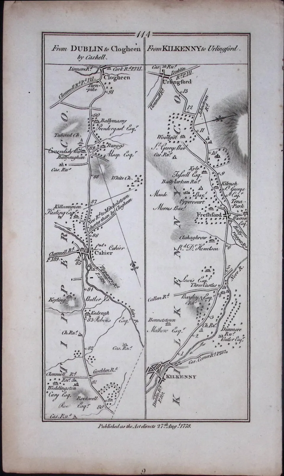 Ireland 245 Years -Old Antique Road Map Tipperary & Kilworth-113