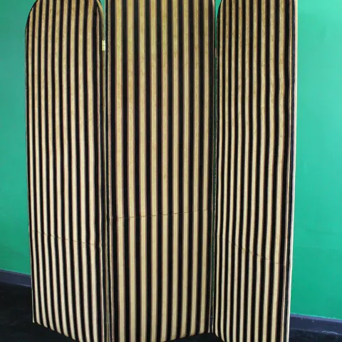 Large Three Fold Gold Striped Upholstered Screen Room Divider