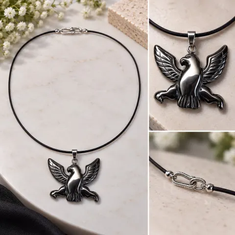 Hematite Eagle Pendant Necklace on Black Cord