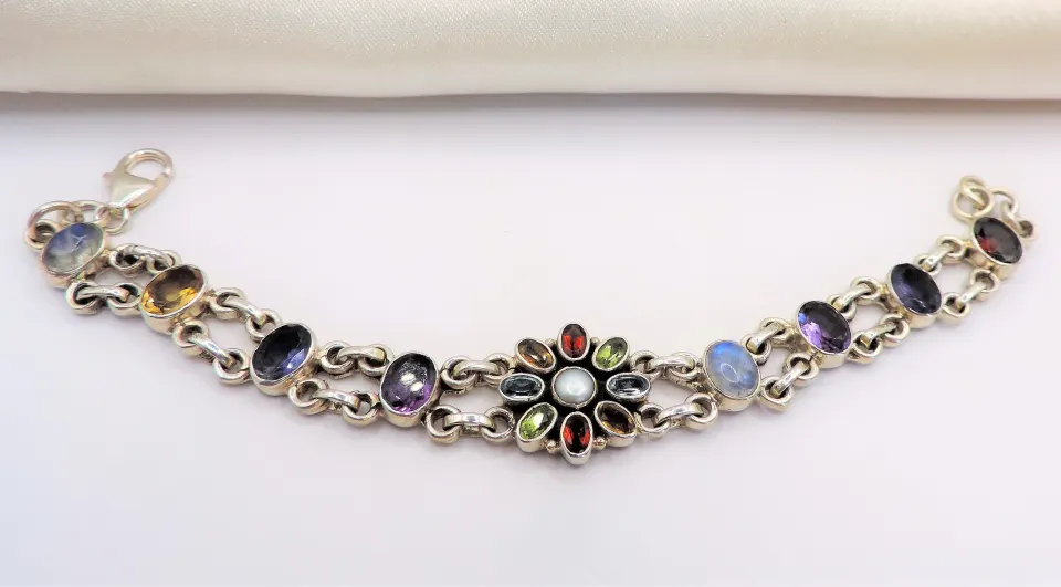 Vintage Sterling Silver 11ct Tutti Frutti Multi Gemstone Bracelet with Gift Box