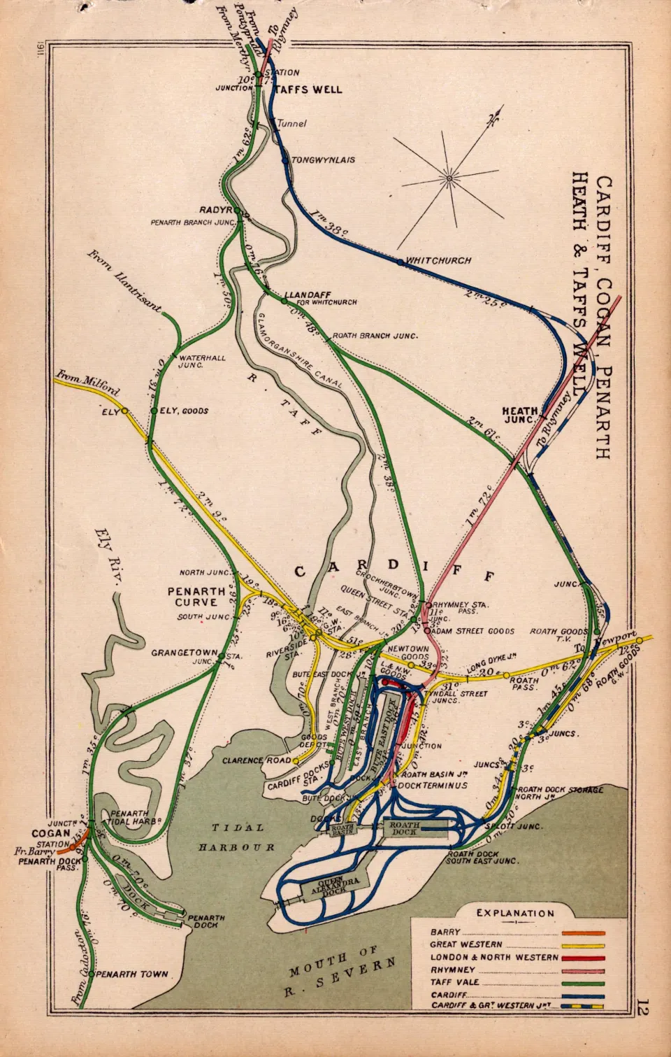 Cardiff, Cogan, Penarth, Heath, Wales Antique Railway Diagram-12.