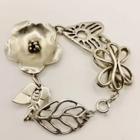 Vintage Bespoke Unusual 925 Silver Bracelet With Flower Bee Heart Design
