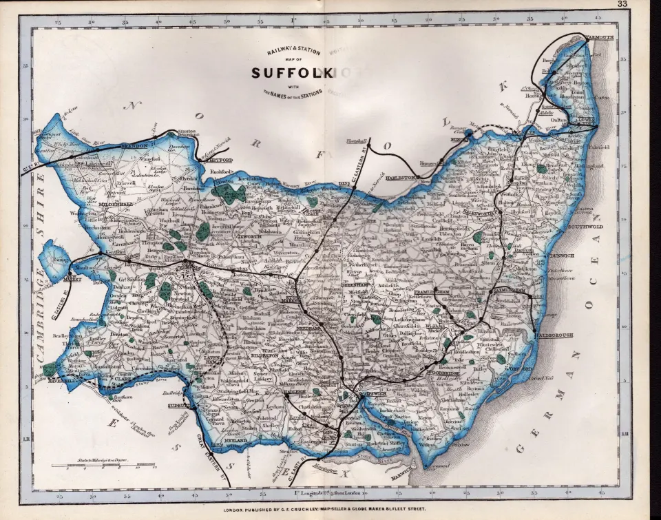 County Suffolk Cruchley Scarce Antique Railways & Stations Coloured Map.