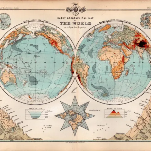 Bathy-Orographical The World Double Sided Victorian Antique 1898 Map.