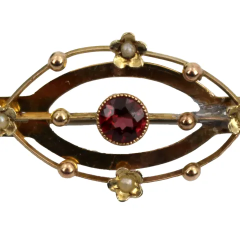 Antique Garnet and 9ct Gold Brooch with Floral Accents