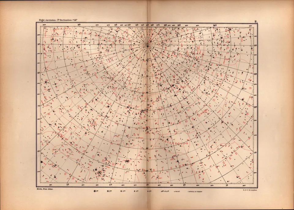 Star Atlas Declination 3 Hr +58 Degrees Astronomy Antique Map.