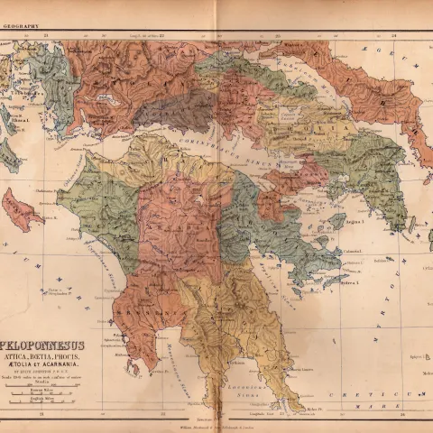Antique 1867 Classical Map Peloponnesus, Attica, Boetia, Phocis.