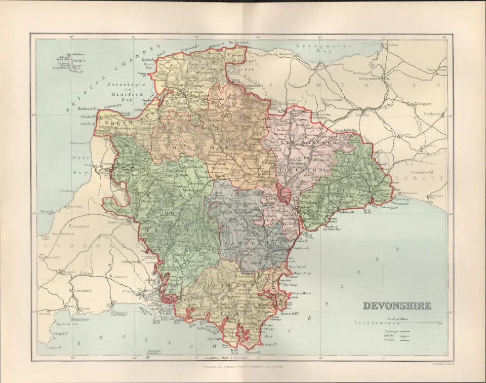 Devonshire  Detailed Victorian 1894 Coloured Antique Map.