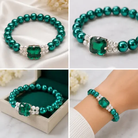 Emerald Doublet & Faux Pearl Beaded Stretch Bracelet