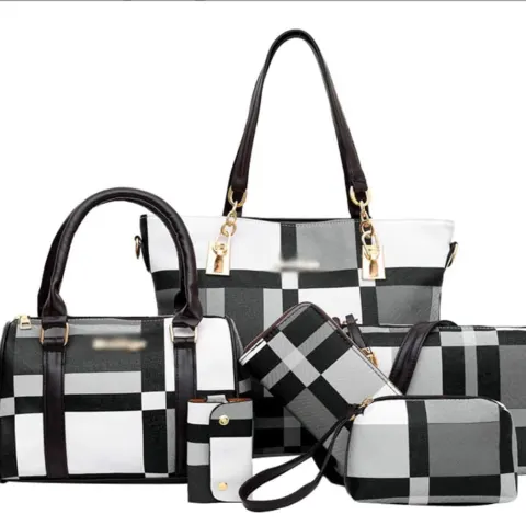 6pcs set Large Capacity Checkered Pattern Shoulder Bag With Simple Handbag, Crossbody Bag, Clutch Ba