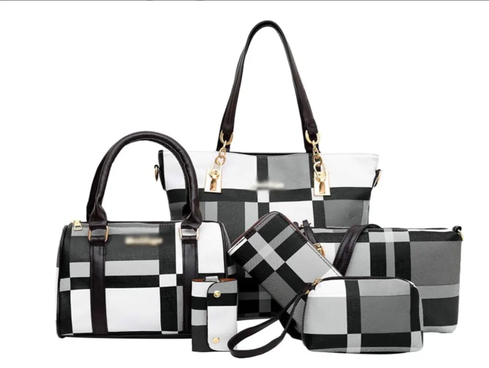 6pcs set Large Capacity Checkered Pattern Shoulder Bag With Simple Handbag, Crossbody Bag, Clutch Ba