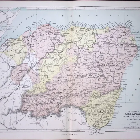 Aberdeen, Banff, Elgin, Nairn Scotland 150 Years-Old Coloured Antique 1875 Map-16