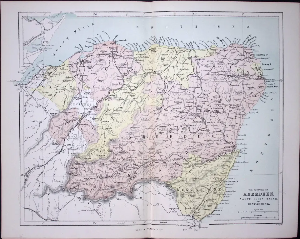 Aberdeen, Banff, Elgin, Nairn Scotland 150 Years-Old Coloured Antique 1875 Map-16